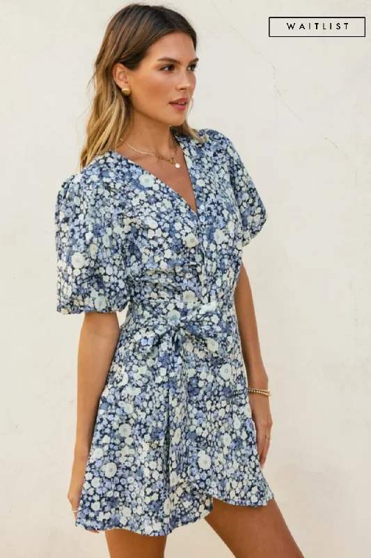 Waitlist 1/20 ♥ Charlie Short Puff Sleeve Floral Print Wrap Mini Dress Navy Trendy Bodycon Mini Dress