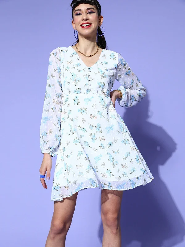 Berrylush Women White & Blue Floral Printed V-Neck Waist Tie-Up Chiffon Fit & Flare Mini Dress Comfortable Boho Mini Dress