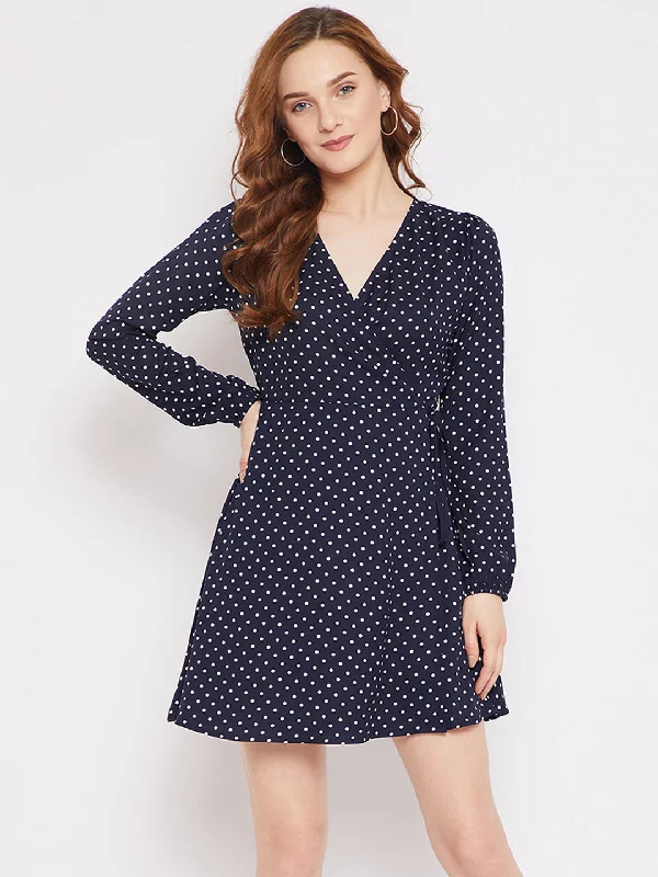 Berrylush Women Navy Blue Polka Dot Printed V-Neck Waist Tie-Up Fit & Flare Wrap Mini Dress Classic White Mini Dress