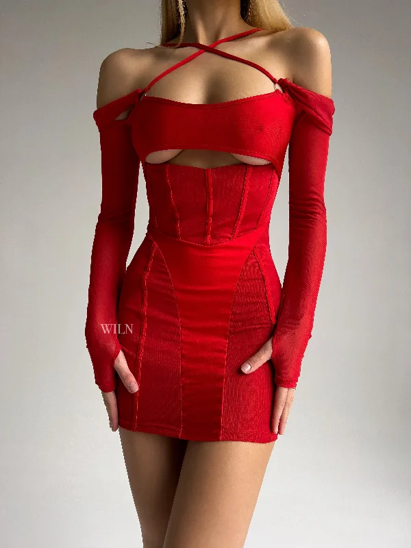 EROTICA Off Shoulder Mini Dress - Red Elegant Velvet Mini Dress