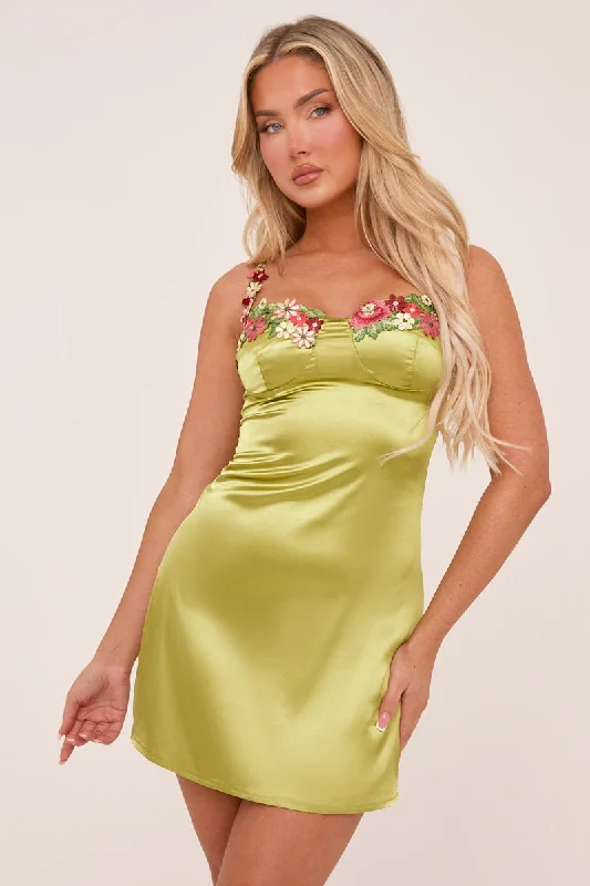 Green Satin Floral Embroidered Mini Dress - Sonya Classic Floral Mini Dress