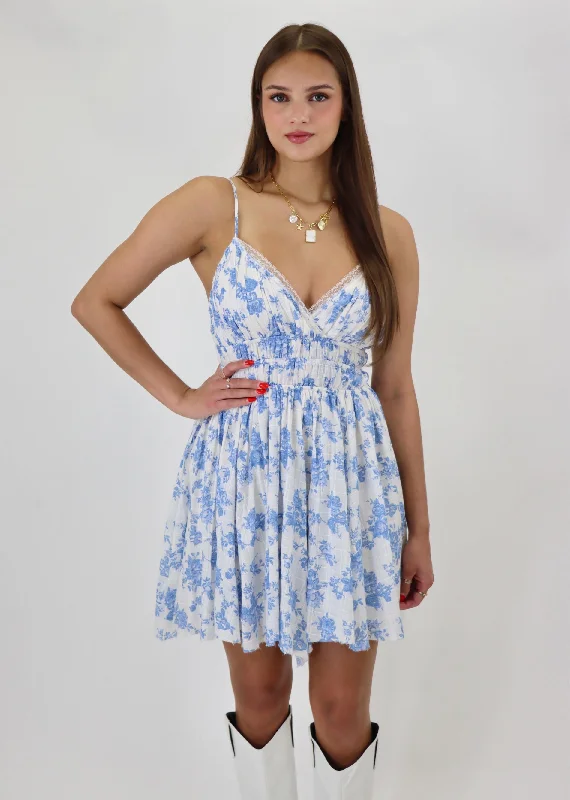 Hair Salon Mini Dress ★ Blue Floral Fashionable Off-Shoulder Mini Dress