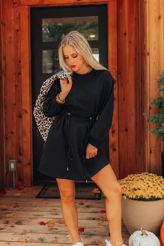 Latte Run Drawstring Mini Dress in Black Cozy Cowl Neck Mini Dress