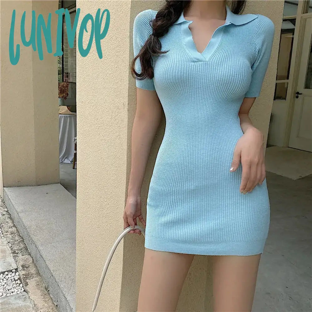 Lunivop Korean Summer Dress Women Casual Polo Collar Short Sleeve Mini Dress Slim Sheath Knit Dresses Vestidos Elegantes Para Mujer Fashionable Lace-Trim Mini Dress