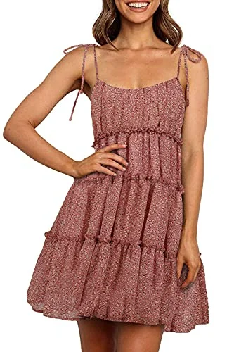 NC Women's Summer Casual Spaghetti Strap Square Neckline Layered Ruffled Sleeveless Boho Floral Mini Dresses Stylish Floral Print Mini Dress