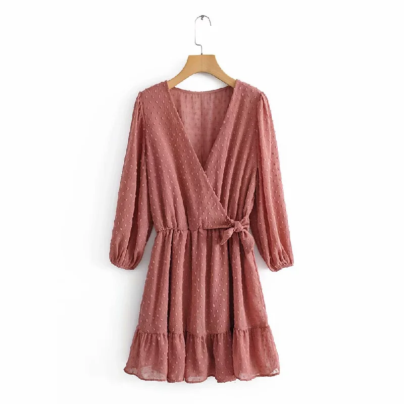 New Women elegant cross v neck bow tied chiffon vestido hem ruffles mini Dress autumn ladies elastic waist kimono Dresses DS2893 Cozy A-Line Mini Dress