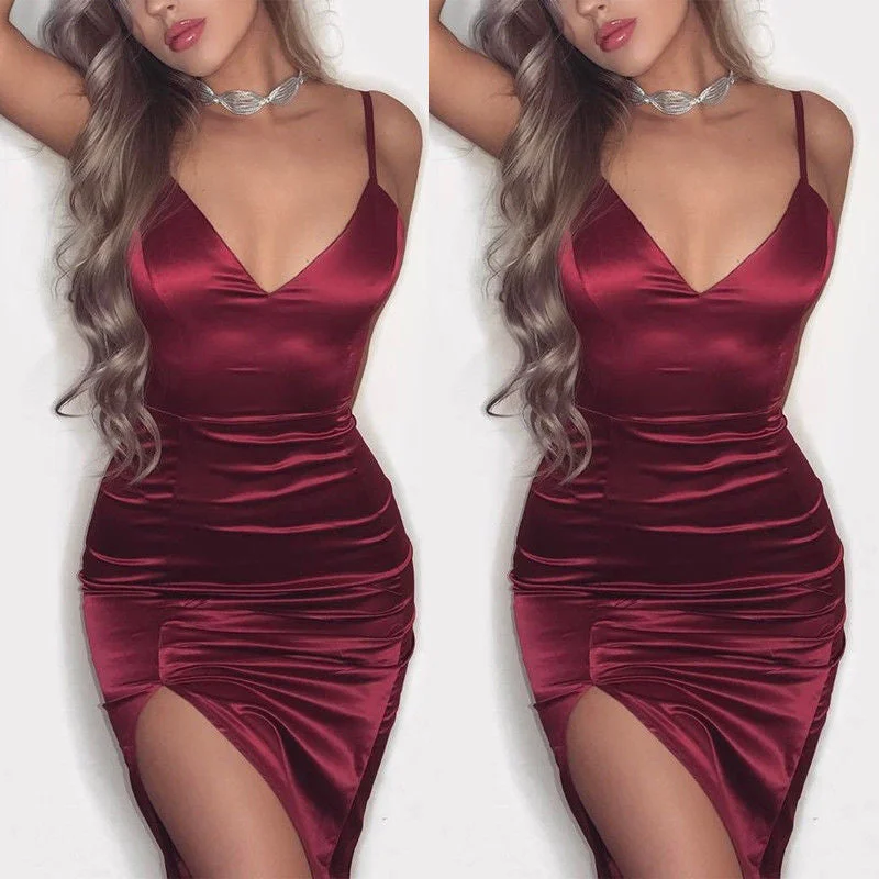 New Women Summer Split Dress Sexy Fashion Party Club V Neck Spaghetti Strap Satin Women Bodycon Sleeveless Short Mini Dress Casual High-Waist Mini Dress