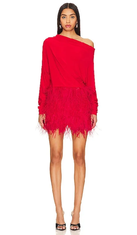 Norma Kamali Feather All IN One Mini Dress in Red Trendy Denim Mini Dress