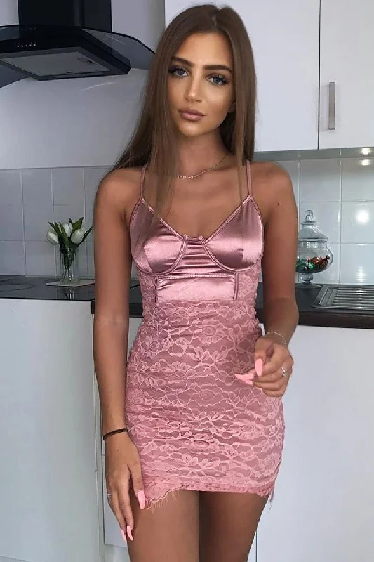 Pink Satin Lace Insert Bodycon Mini Dress - Cashlyn Trendy Mini Dress with Belt