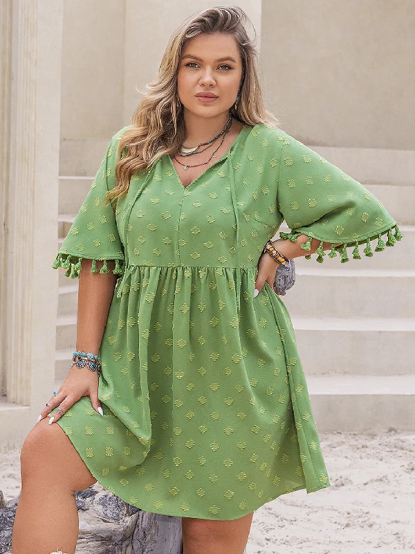 Plus Size Tied Tassel Half Sleeve Mini Dress Chic Pleated Mini Dress