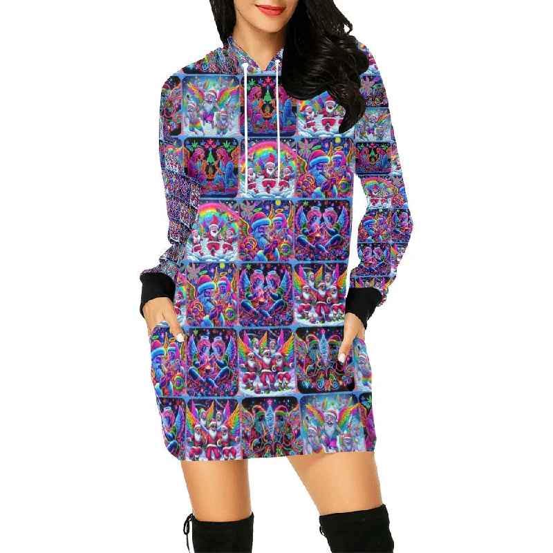 “Psychedelic Toking Christmas Angels” Women’s Hoodie Mini Dress – Sizes XS – 2XL Elegant Lace-Up Mini Dress