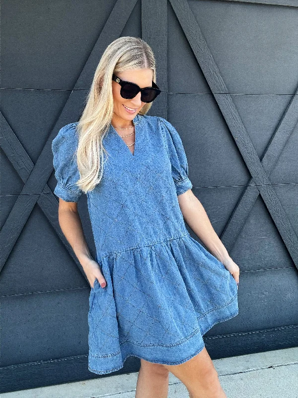 Quilted Puff Sleeve Mini Dress In Denim Casual V-Neck Mini Dress