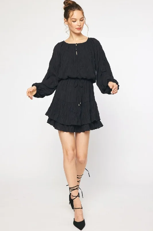 Textured round neck long sleeve mini dress featuring ruffled hem Stylish Ribbed Mini Dress