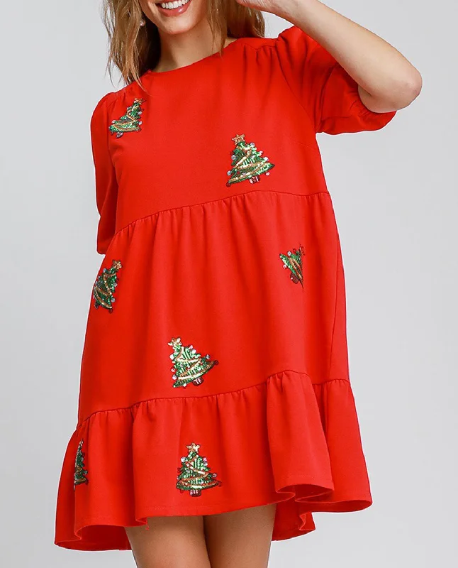 Mini Dress with Christmas Tree Sequins Comfortable Smocked Mini Dress