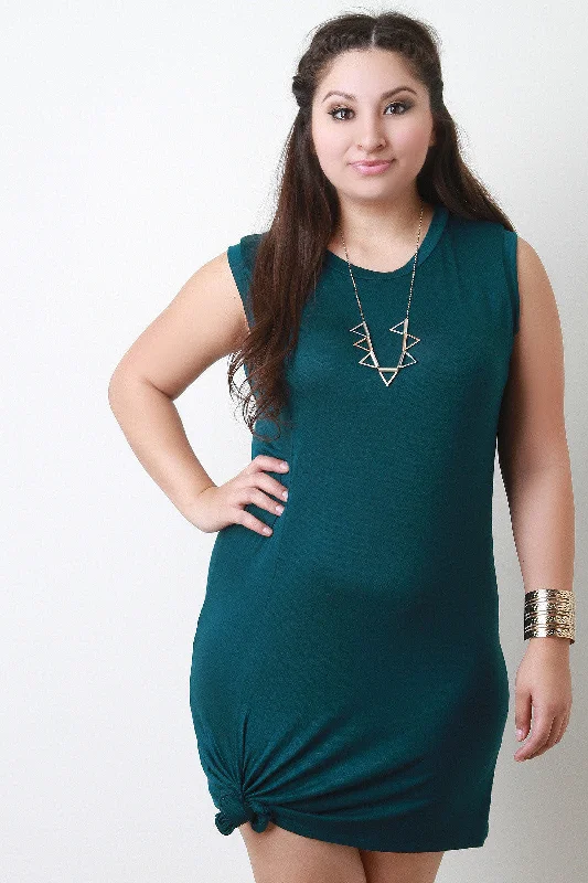 Jersey Knit Knotted Sleeveless Bodycon Mini Dress Trendy Button-Detail Mini Dress