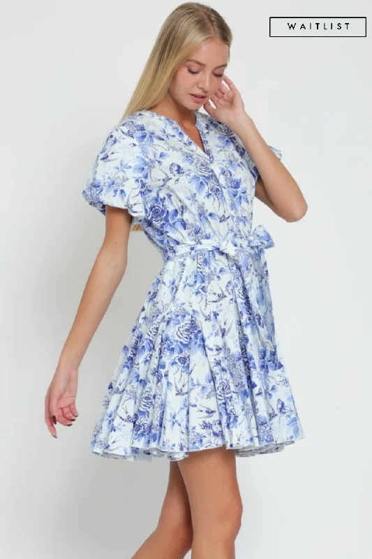 Waitlist 2/15 ♥ Winona Short Bubble Sleeve Waist Tie  Floral Print Mini Dress Blue Cozy Knit Mini Dress