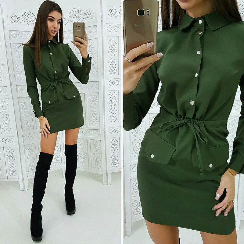 Women Casual Sashes Button Sheath Dress Turn Down Collar Long Sleeve Solid Dress 2019 Autumn Fashion Vintage Elegant Mini Dress Casual Mini Dress with Pockets