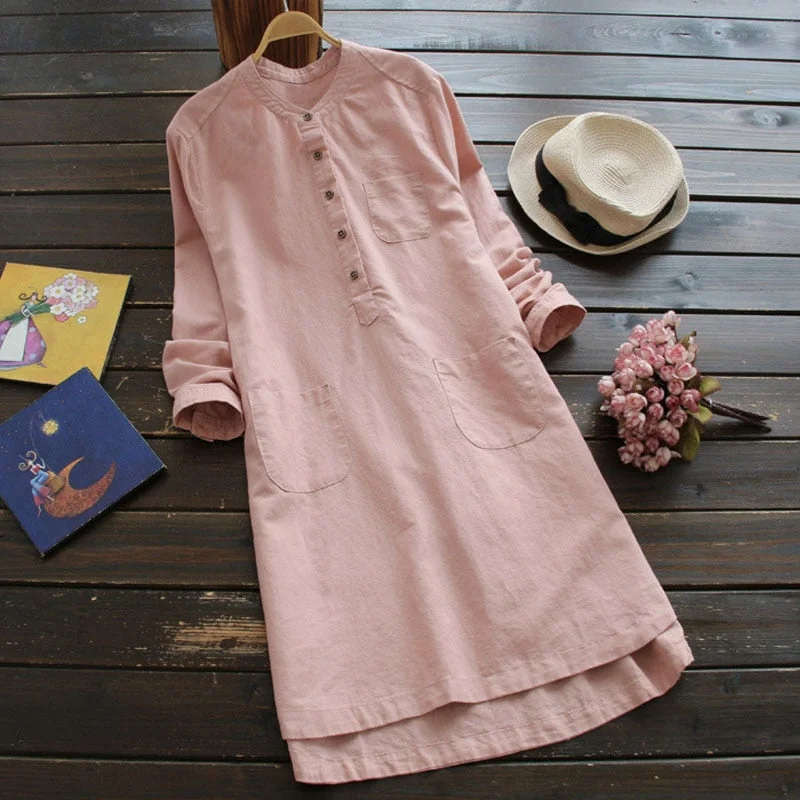 ZANZEA Linen Dress Women Cotton Vestidos 2019 Autumn Winter Long Sleeve Mini Dress Casual Mandarin Long Tunic Shirts Dresses Chic Mini Dress with V-Neck