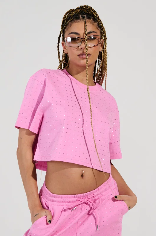 BLOSSOM RHINESTONE EMBELLISHED CROPPED T-SHIRT IN PINK Chenille Fabric Brocade Fabric Lace Fabric BLOSSOM RHINESTONE EMBELLISHED CROPPED T-SHIRT IN PINK Chenille Fabric Brocade Fabric Lace Fabric