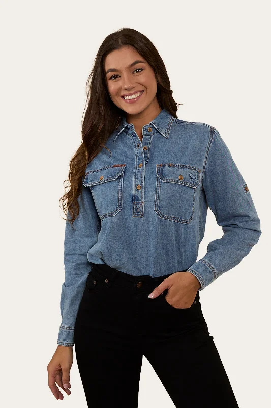 Melody Womens Denim Half Button Dress Shirt - Vintage Light Blue Houndstooth Herringbone Solid Melody Womens Denim Half Button Dress Shirt - Vintage Light Blue Houndstooth Herringbone Solid