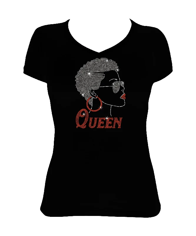 Women's Rhinestone Fitted Tight Snug Shirt Afro Girl with Short Hair and Glasses - Hoop Earrings, Queen Front Pockets Side Pockets Patch Pockets Women's Rhinestone Fitted Tight Snug Shirt Afro Girl with Short Hair and Glasses - Hoop Earrings, Queen Front Pockets Side Pockets Patch Pockets