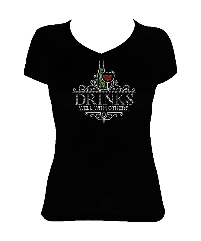 Women's Rhinestone Fitted Tight Snug Shirt Drinks Well with Others - Wine Glass and Wine Bottle Sequined Glittery Shiny Women's Rhinestone Fitted Tight Snug Shirt Drinks Well with Others - Wine Glass and Wine Bottle Sequined Glittery Shiny