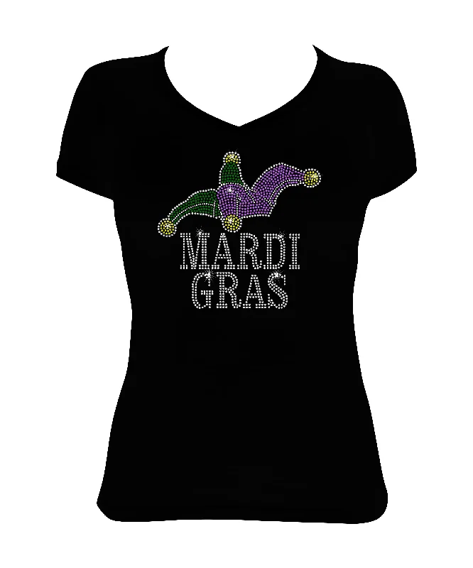 Women's Rhinestone Fitted Tight Snug Shirt Mardi Gras with Jester Hat Ribbed Striped Patterned Women's Rhinestone Fitted Tight Snug Shirt Mardi Gras with Jester Hat Ribbed Striped Patterned