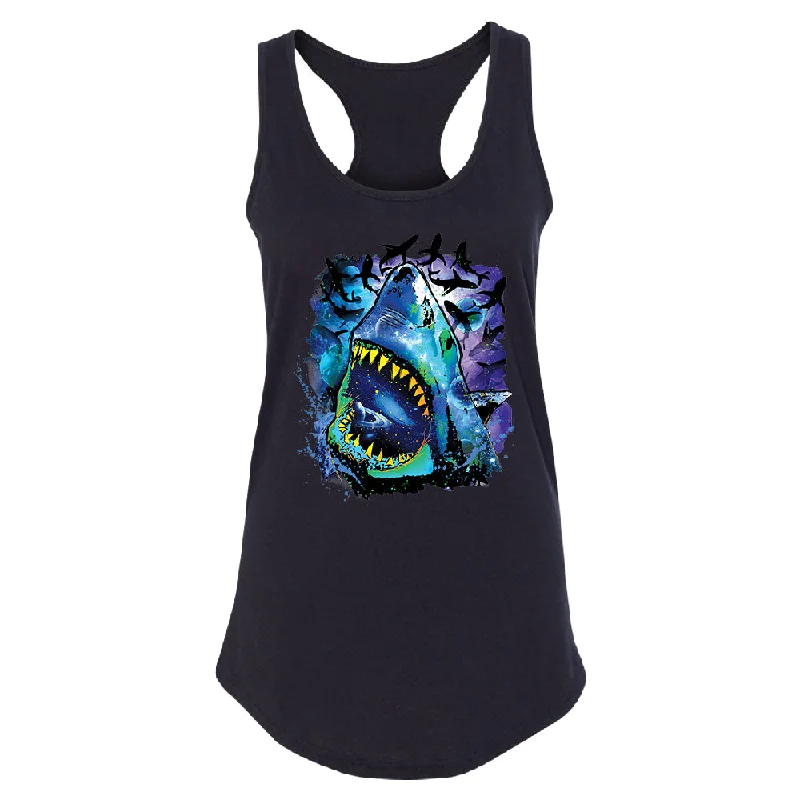 Zexpa Apparelâ„¢ Neon Black Light Cosmo Shark Women's Racerback Ocean Nebula Sharks Shirt Zippered Front Buttoned Front Snap Front Zexpa Apparelâ„¢ Neon Black Light Cosmo Shark Women's Racerback Ocean Nebula Sharks Shirt Zippered Front Buttoned Front Snap Front