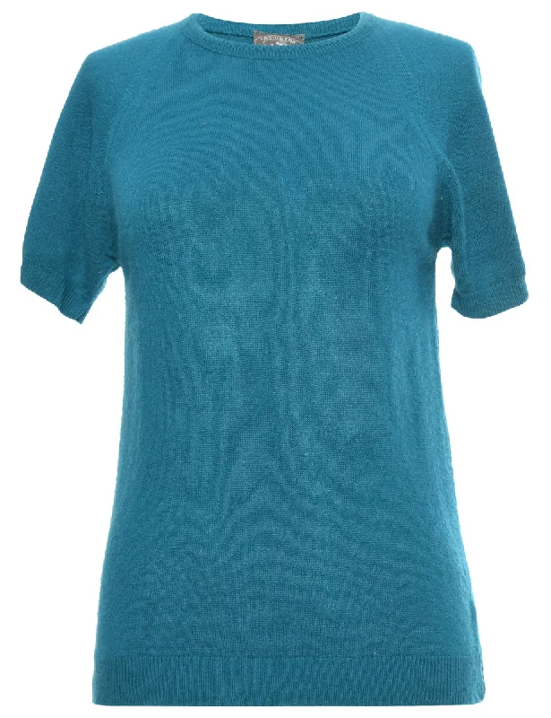 Blue Round Neck Jumper - L Welt Pockets Slit Pockets Flap Pockets