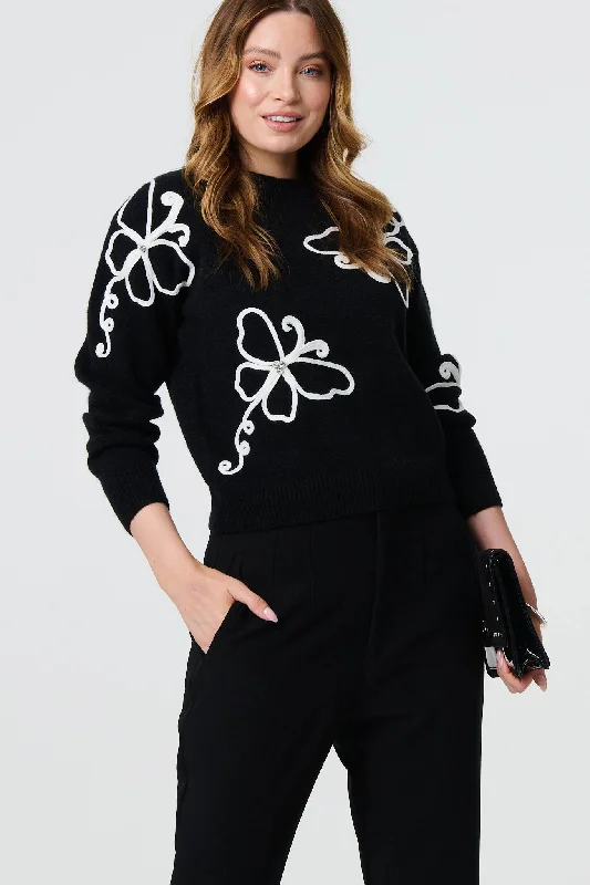 Butterfly Print Embellished Jumper Layered Multi-layer Single Layer