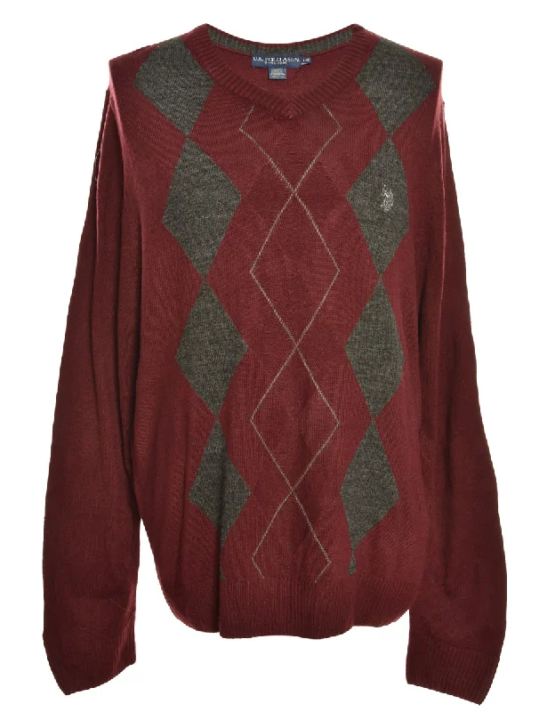 U.S.POLO ASSN. Argyle Maroon Jumper - L Spandex Rayon Corduroy