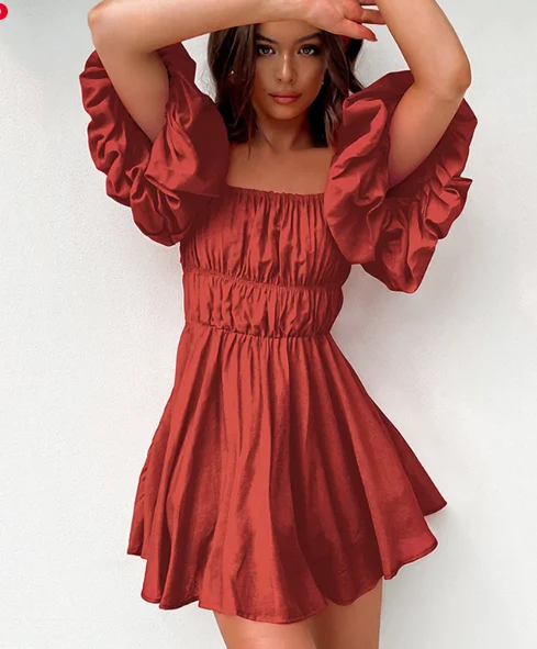 Brick Red Fold A-line Cotton Puff Sleeve Slash Neck Women's Dress