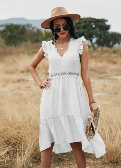 Hollow Out Ruffle Pink Lace Slim Elegant Dresses