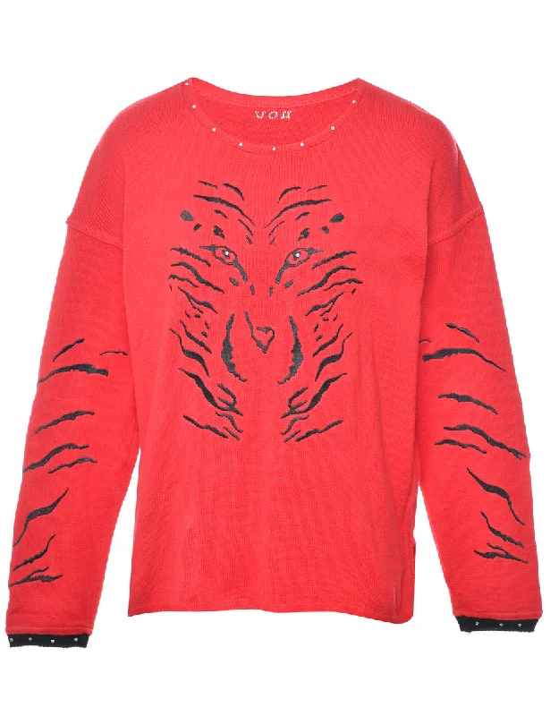 Animal Print Red Jumper - L Handmade Hand-knitted Hand-woven