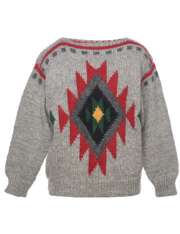 Aztec Print Jumper - L Zippered Buttoned Snapped