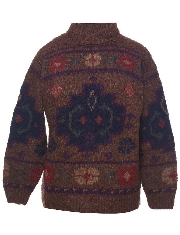 Aztec Print Turtleneck Jumper - L Sweater Knitwear Pullover