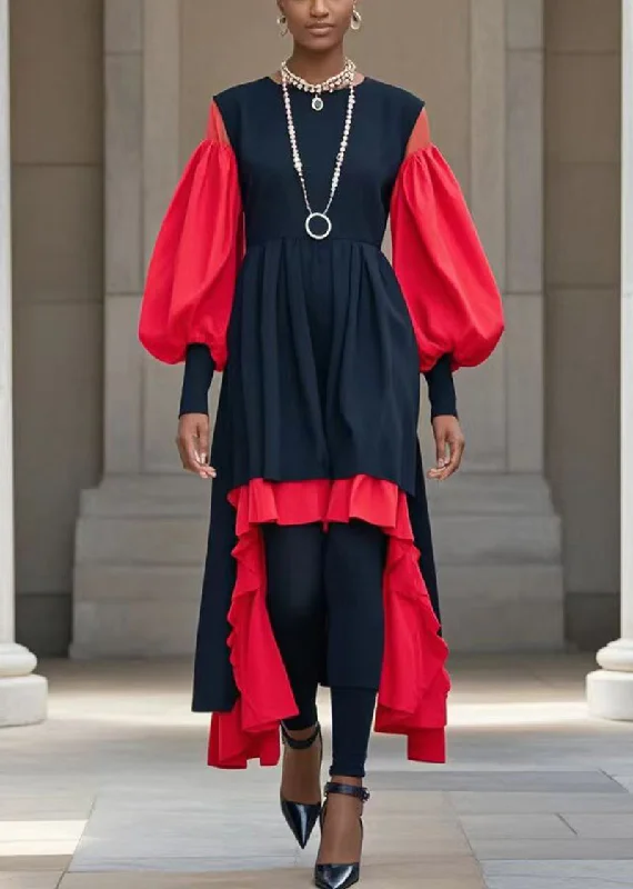 Black Red Patchwork Cotton Fake Two Piece Dresses Low High Design Lantern Sleeve