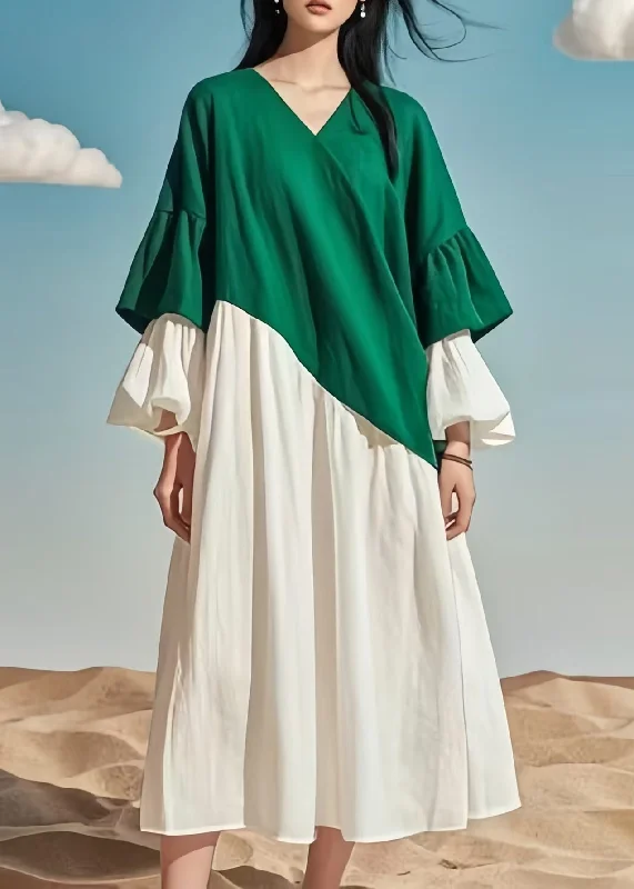 Boutique Colorblock Oversized Patchwork Cotton Dress Flare Sleeve