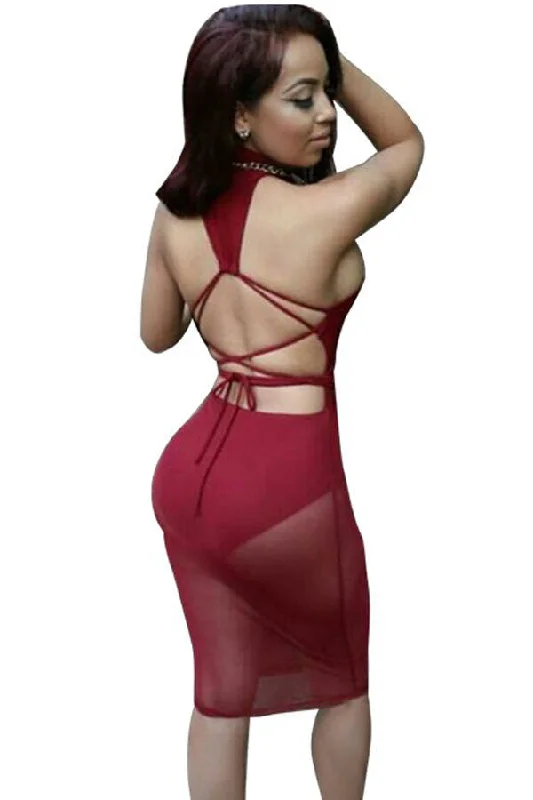 Burgundy High Neck Mesh Insert Bodysuit Club Dress
