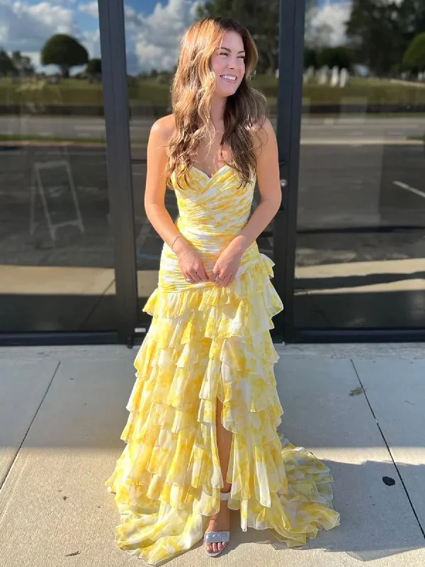 Cassian | Mermaid Sweetheart Printed Chiffon Long Prom Dresses with Slit
