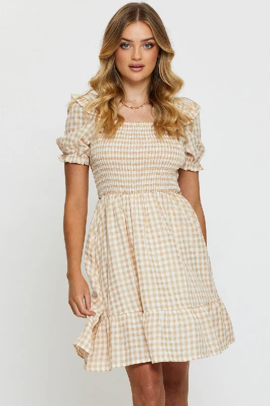 Check Shirred Skater Dress