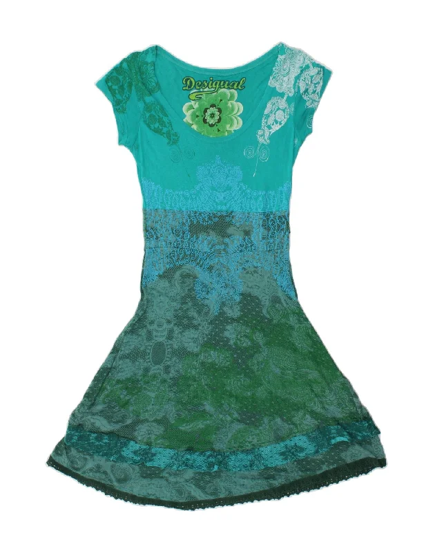 DESIGUAL Womens A-Line Dress UK 12 Medium Turquoise Paisley Viscose