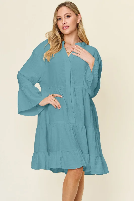 Blue Zone Planet |  Double Take Full Size Texture Button Up Ruffle Hem Dress