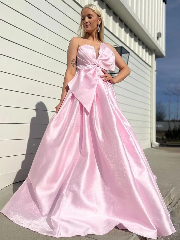 Edgar | Strapless White Satin A-line Long Formal Dress with Bow