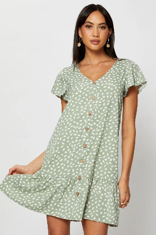 Geo Print Button Front Swing Dress