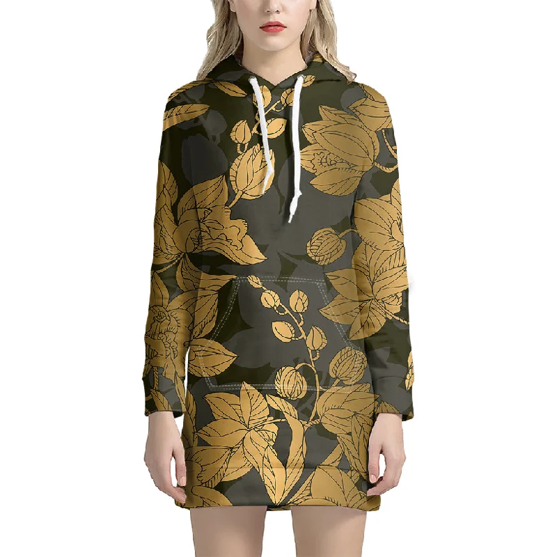 Golden Orchid Pattern Print Pullover Hoodie Dress