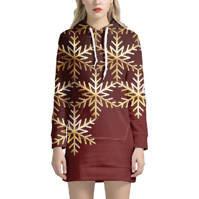 Golden Snowflake Print Pullover Hoodie Dress