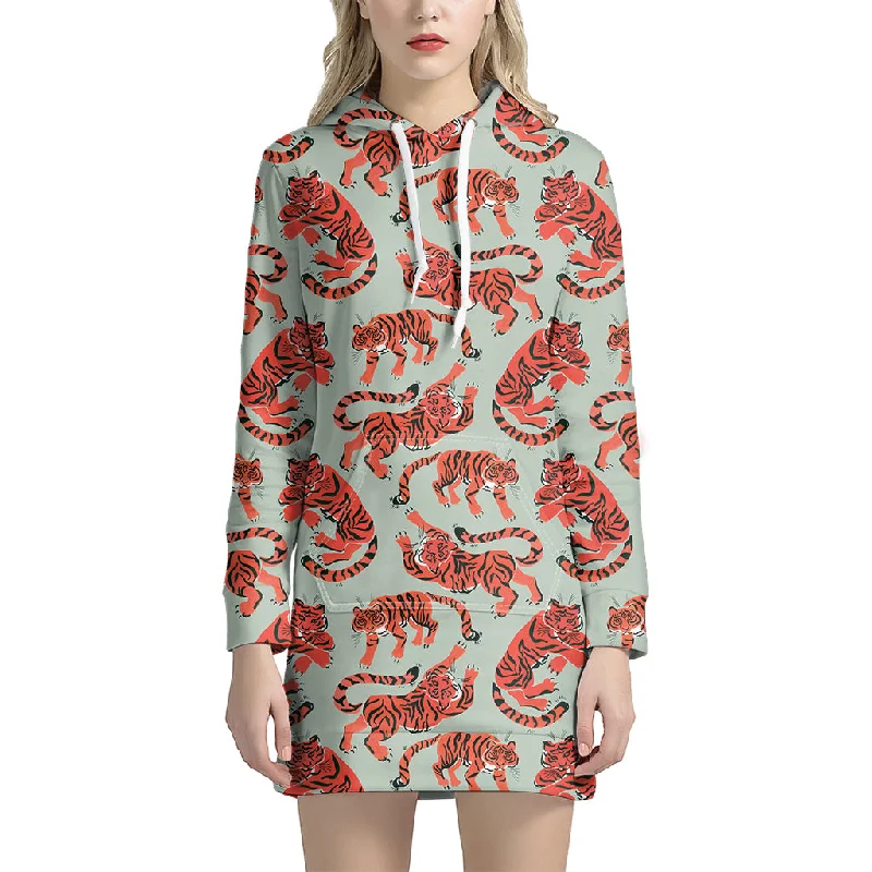 Gouache Tiger Pattern Print Pullover Hoodie Dress