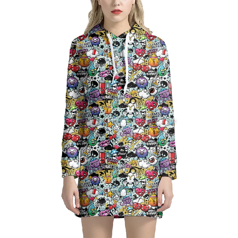 Graffiti Cartoon Characters Print Pullover Hoodie Dress