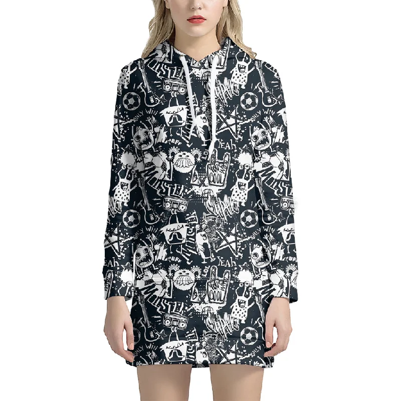 Graffiti Monster Characters Print Pullover Hoodie Dress